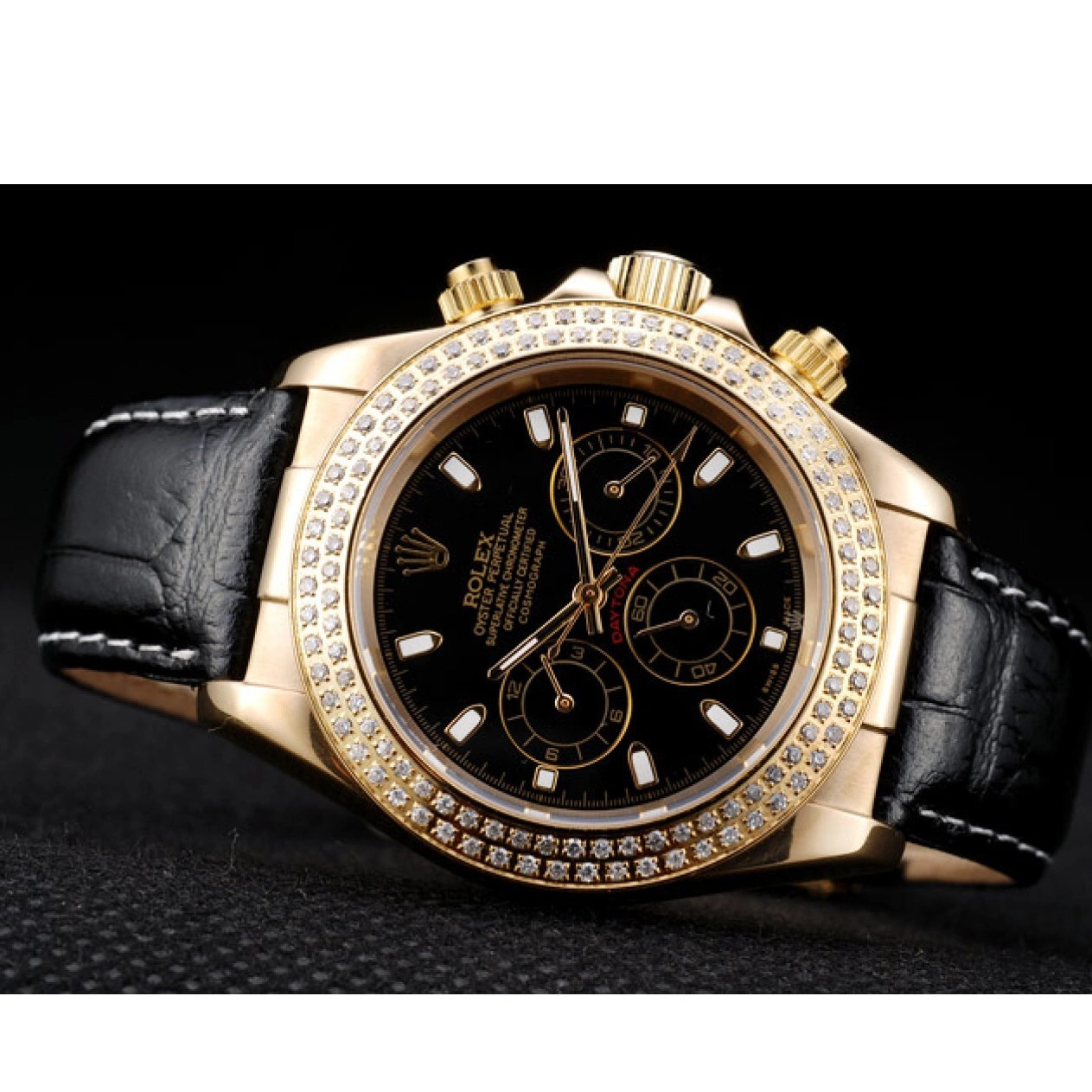 AAA replica watch Rolex Crystal Case Bezel Dial Gold Daytona Black Studded 0716